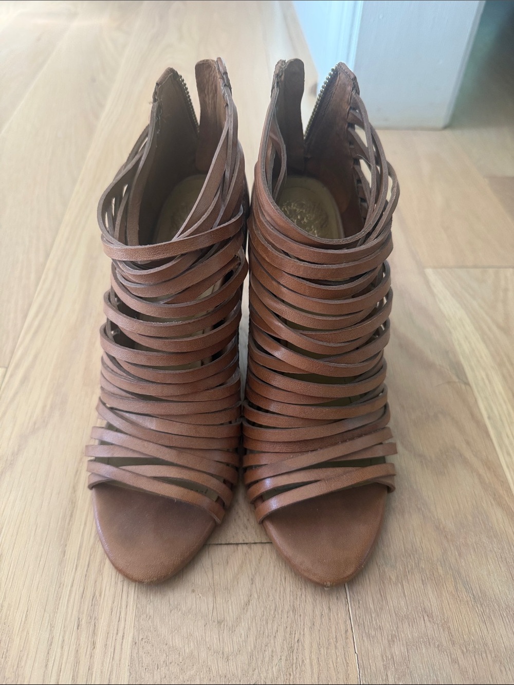 Vince Camuto Strappy Cutout Peep-Toe Heels in Brown